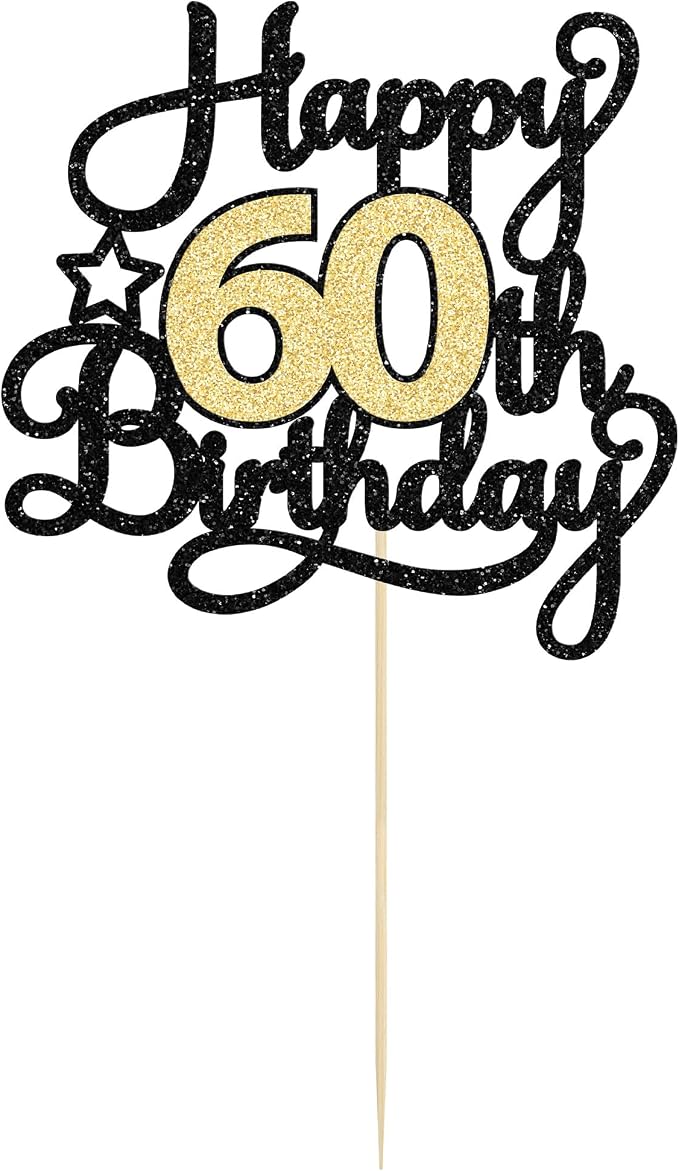 1Pc Happy 60th Birthday Cake Topper Black Gold Glitter Cheers to 60 Years Birthday Cake Pick 60 Fabulous Cake Decoration for Happy 60th Birthday Anniversary Party Cake Decorations Supplies