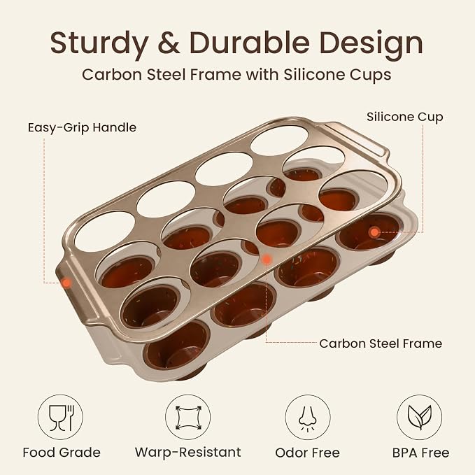 Silicone Muffin Pans for Baking with Metal Frame, 12-Cup Silicone Cupcake Pan, Egg Bite Silicone Mold, Nonstick, BPA Free, Oven & Dishwasher Safe