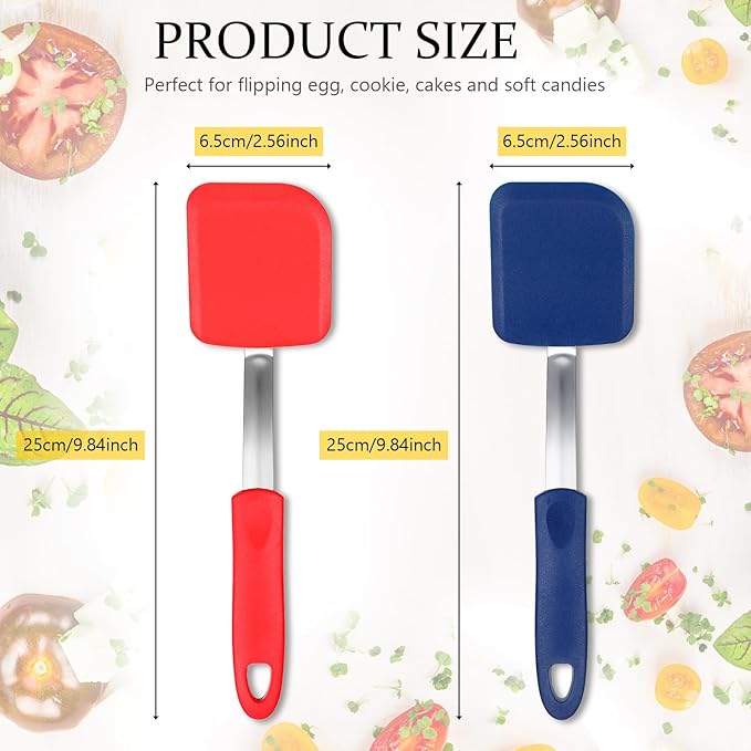 Silicone Cookie Spatula Turner 2 Pack Mini Brownie Spatula Flexible Kitchen Small Silicone Turner for Nonstick Cookware Heat Resistant No Scratch Flipper for Pancake(Solid Flat,Red,Blue)