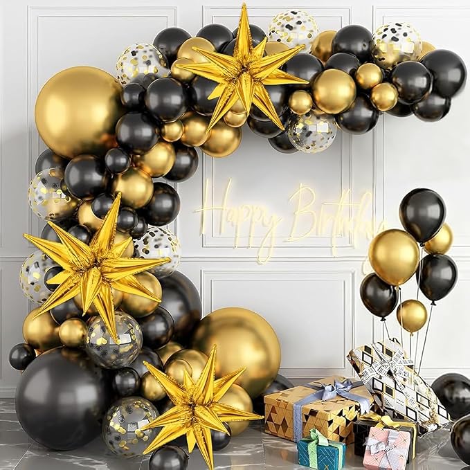 128Pcs Back to School Black and Gold Balloon Arch Kit, Explosion Star Black and Metallic Gold Balloons 18/12/10/5 Inch Balloons for Birthday Anniversary Retirement Wedding Graduation Decorations