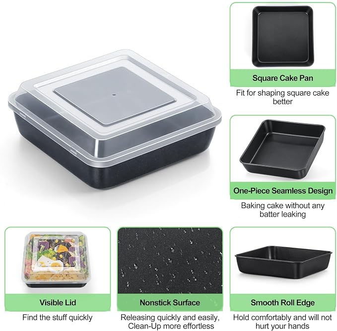 TeamFar 9x9 Inch Square Cake Pan with Lid, Non-Stick Square Baking Roasting Pan, with Stainless Steel Core for Cooking Brownie Lasagna, Non-Toxic & Heavy-Duty, Release & Clean Easily (1 Pan+1 Lid)