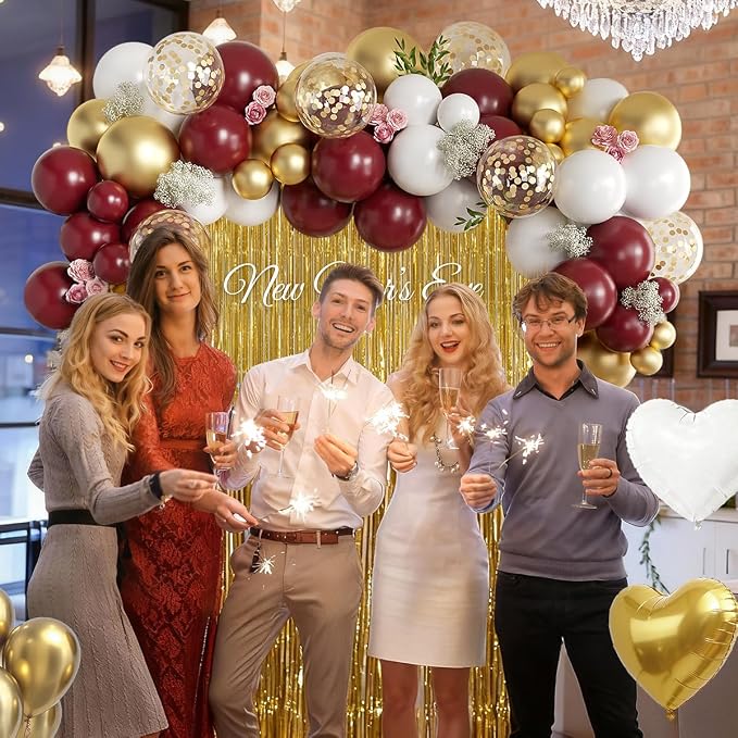 157PCS Burgundy Gold White Balloons Arch Garland Kit with Gold Fringe Curtain for Women Girls Birthday Wedding Bridal Shower Valentine's Day Party Decorations