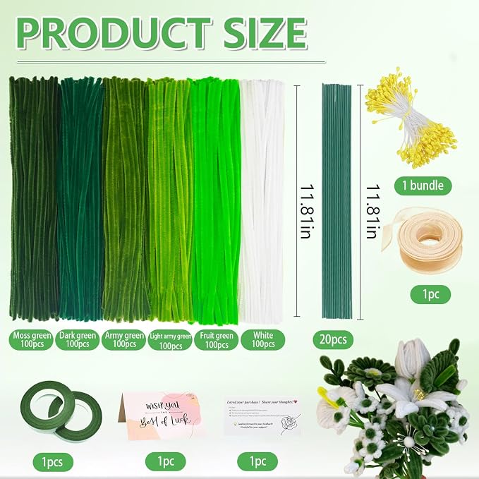 620Pcs Green Pipe Cleaner Flower Kit, 6 Colors Bulk Chenille Stems with Wires, Ribbon, Stamens and Card, All-in-One DIY Flower Craft Supplies for Creative Gifts Home Decoration, Party & School Crafts