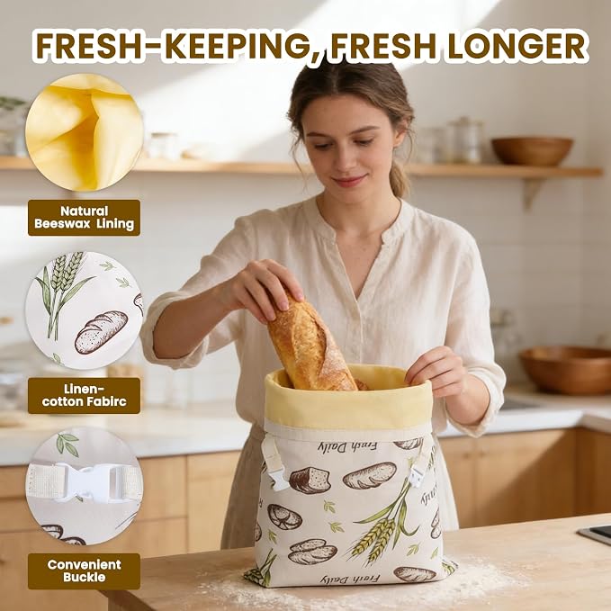 Beeswax Bread Bag for Homemade Bread Sourdough, 2 Pack Reusable Bees Waxed Infused Linen Wrap for Baguette Loaf Bread Freezer, Fresh Food Keeper Storage Container, Homesteading Essentials Ear of wheat