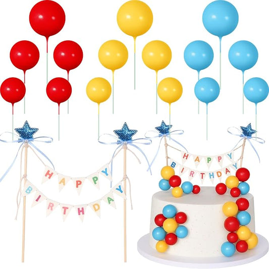 16 Pcs Happy Birthday Cake Topper Cake Bunting Topper Banner with Wood Pole Rainbow Garland with Bow Ribbon Balloon, Mini Cupcake Decor for Birthday Baby Shower (Lake Blue,Yellow,Red)