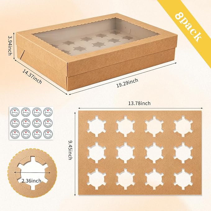 24 Count Cupcake Boxes, 8 Pack White Cupcake Containers with Windows and Inserts, Disposable Cupcake Carriers for Muffins, Treats, Pastries, 19 x 14 x 3.9 Inches (Brown, 24Count /8Pcs)
