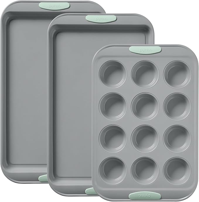 Pyrex 3-Piece Metal Cookie & Muffin Sheet Bakeware Set, Lightweight Stainless Steel Baking Trays with Heatsafe Silicone Handles, Cookie Muffin Sheet Baking Pan, Sage