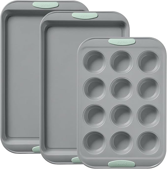 Pyrex 3-Piece Metal Cookie & Muffin Sheet Bakeware Set, Lightweight Stainless Steel Baking Trays with Heatsafe Silicone Handles, Cookie Muffin Sheet Baking Pan, Sage