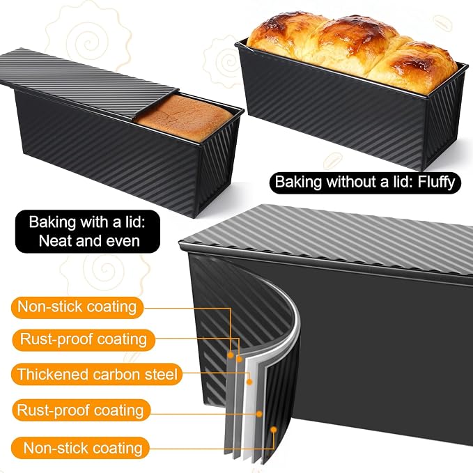 Pullman Loaf Pan with Lid 13x4 Inch, 2.2lb Carbon Steel Bread Pan, 2.2 lb Dough Capacity Bread Loaf Pans Heavy Duty, for Homemade Sourdough & Sandwich Breads, Nonstick & Easy Clean, Black
