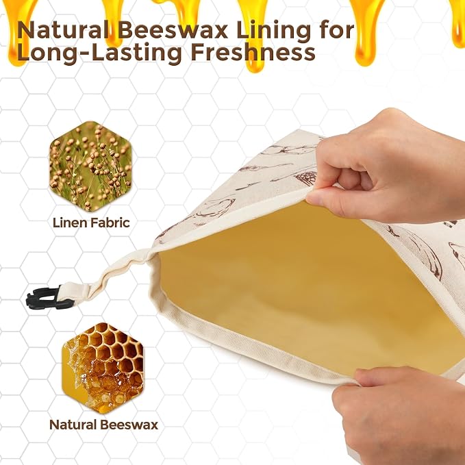 YARRAMATE Reusable Beeswax Bread Bags for Homemade Bread & Sourdough, 2 Pack XL 17x13in Linen Organic Bread Storage Bags for Loaf, Baguette, Bagels and Sandwich Bread, Freezer Safe, Brown