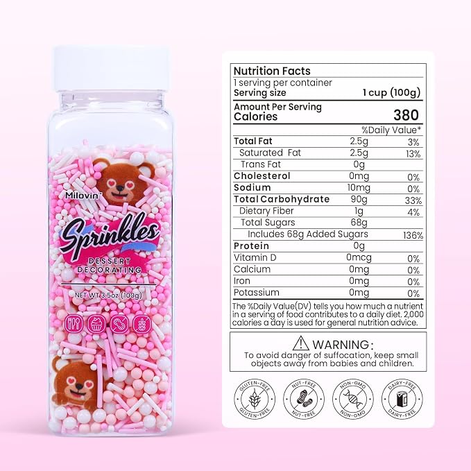Edible Bear Cupcake Toppers, White and Pink Sprinkles, Pearls, Jimmies Sprinkles, 4 pcs Edible Bear Cake Decorations for Baby Showers, Animal Theme, Birthday Party Decorative(3.5oz/100g)