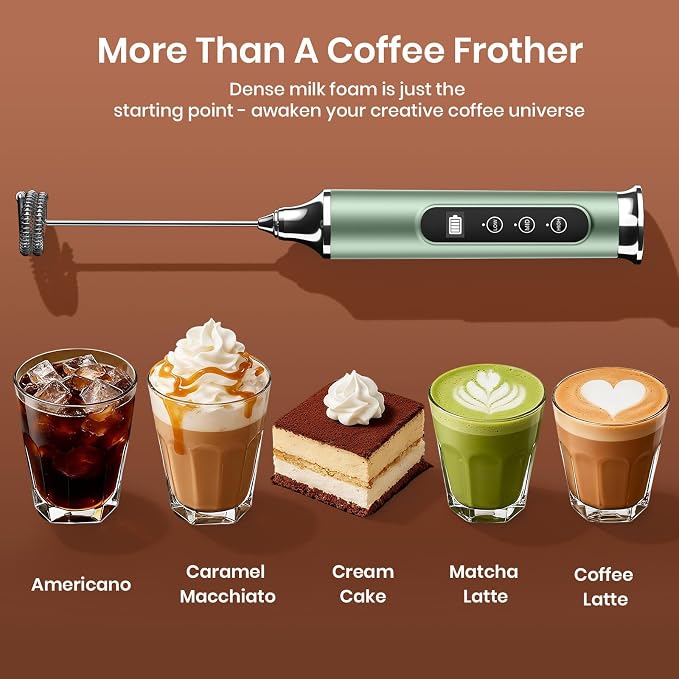 YUSWKO Milk Frother Wand for Coffee with Stand, Coffee Frother Handheld | Rechargeable Drink Mixer Wand, Waterproof Electric Whisk for Protein Powder, Lattes, 3 Variable Speeds 3 Whisks, Granite
