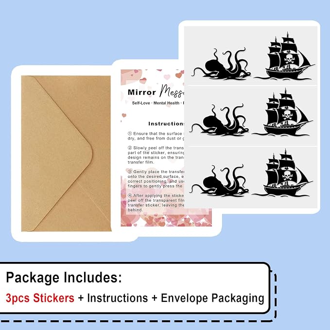3 x Pirate Ship Car Mirror Decal Black Stickers for Cars Rearview Mirror Decal for Women Cute Decals Vinyl Affirmation Stickers for Window, Tumbler, and Water Bottle