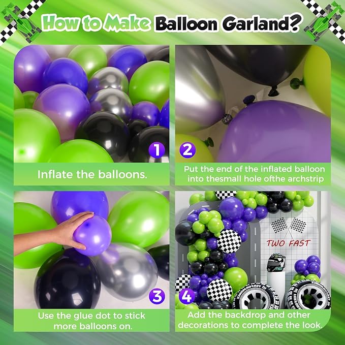 Monster Truck Balloon Arch Garland Kit 156pcs, Green Purple Black Silver Big Wheels Race Car Balloons Arch Kit for Two Fast Theme Boy Birthday Anniversary Monster Truck Jam Party Decorations