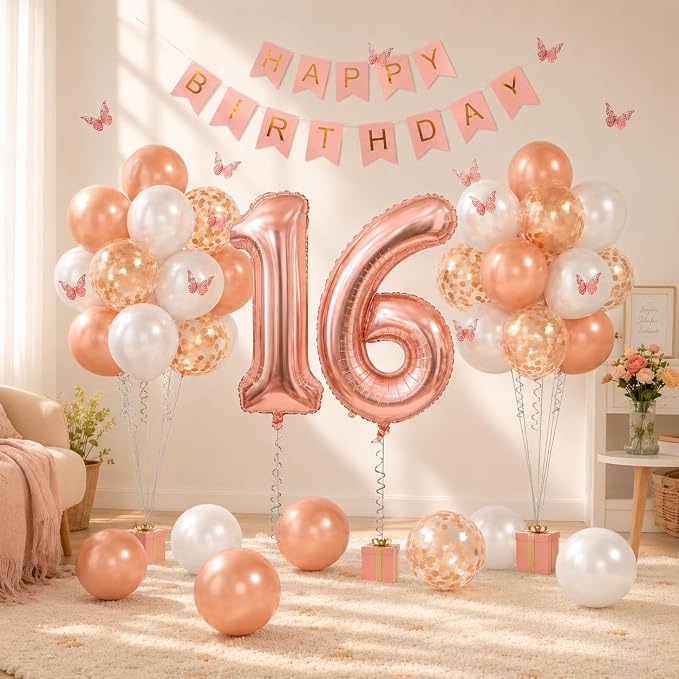 16th Birthday Decorations For Girls- Rose Gold Pearl White Balloons, 32 Inch Rose Gold "16" Balloon, 3D Butterflies Stickers, Happy Birthday Banner For Girl Sweet Sixteen Party Decorations