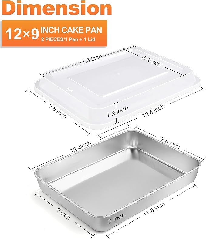 Herogo Cake Pan with Lid (1 Pan+ 1 Lid), 9 X 12 Inch Rectangle Stainless Steel Lasagna Baking Set, for Brownies Casseroles Cakes, Dishwasher Safe