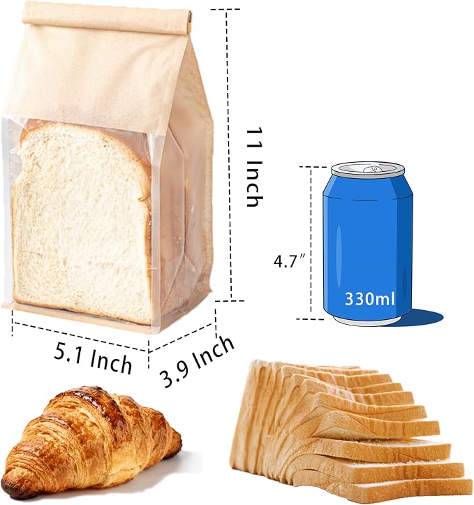 50 Pcs Bread Bags for Homemade Breads, 5.1 x 3.9 x 11 Inch Small Brown Bakery Bags with Tin Tie, Cotton Paper Loaf Bag, Storage Packing Bag with Clear Window