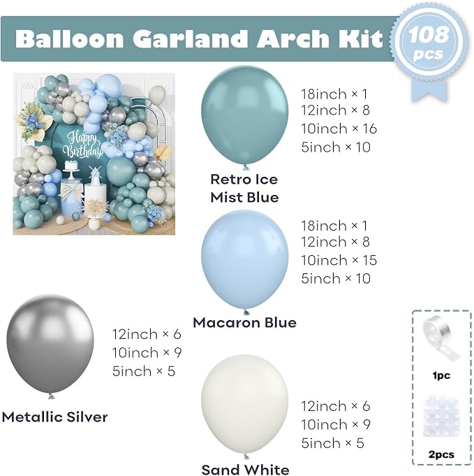 Dusty Blue Balloon Arch Kit, 108 Pcs Blue and Silver Balloon Arch Kit Metallic Silver Sand White Mist Blue Balloon Helium for Kids Boy Party Baby Shower Birthday Bridal Wedding Anniversary Decorations