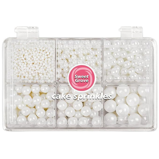 White Pearl Sprinkles - 6.53oz Edible Pearls for Cake Decorating, 6 Sizes Sugar Candy Pearl for Baking, Cupcake, Cookie, Ice Cream Toppings, Wedding Party Supplies