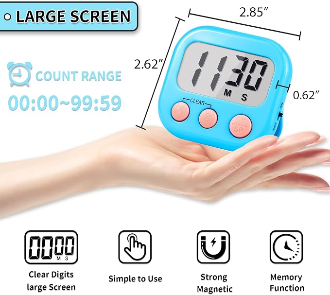 Timer for Kids Teachers Supplies Digital Kitchen Timers for Cooking Large Magnetic Classroom Timer 2Pack-White Blue