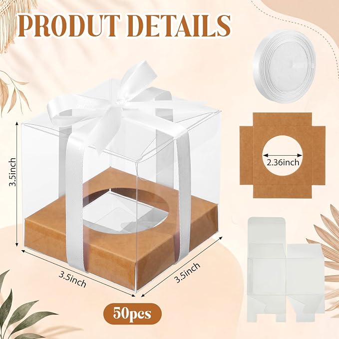 Thenshop 50 Pcs Clear Cupcake Boxes Individual 3.5 Inch Plastic Single Cupcake Containers Boxes with Inserts and Ribbon Individual Cake Storage Holders for Cake Kitchen (Kraft)