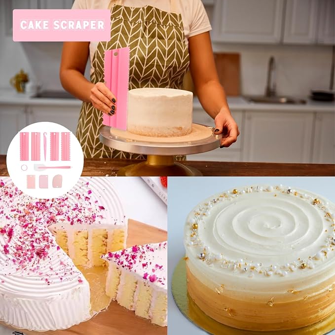 9PCS Cake Scraper Set with Cake Scraper Smoother Set, Cake Decorating Comb, Icing Smoother Plastic Sawtooth,Cake Icing Kitchen Baking Cake Edge(Pink)