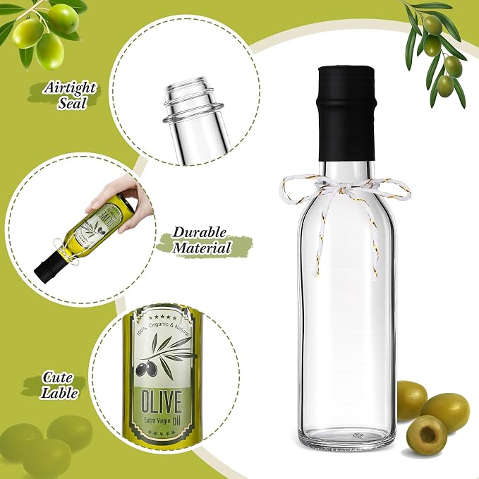 Reallnaive 12 Sets 5 oz Glass Olive Oil Bottles Empty Sauce Condiment Bottles with Tags and Twine and Funnel for Storing Homemade Olive Oil Christmas Wedding Baby Shower Gifts(Clear)