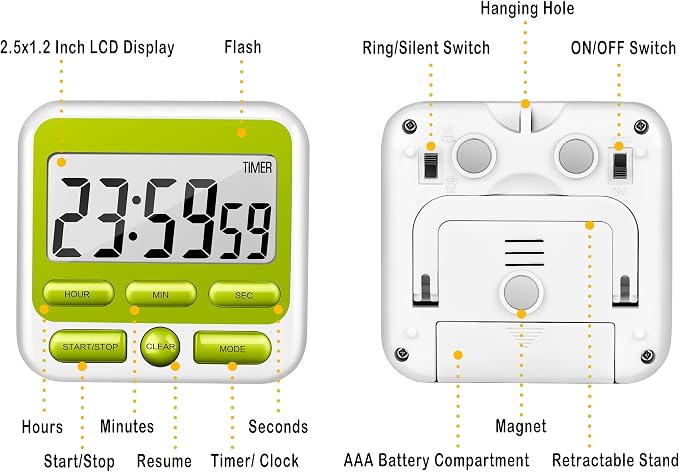 KTKUDY Digital Kitchen Timer with Mute/Loud Alarm Switch ON/Off Switch, 12 Hour Clock & Alarm, Memory Function Count Up & Count Down for Kids Teachers Cooking, Large LCD Display, Strong Magnet (Green)