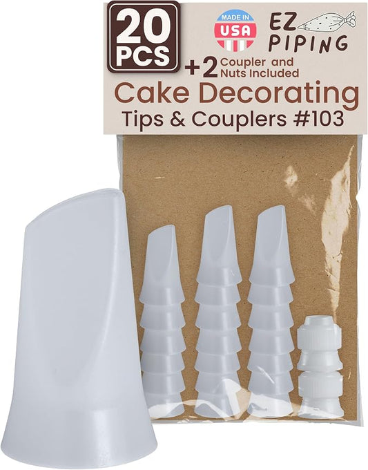 Reusable Plastic Piping Tips - Standard Size Petal Tip #103 20 Pack with 2 Couplers Icing Nozzles for Cake Decoration Dessert Design Baking Supplies and Piping Bags Base Ø 0.75", Height 1.25"