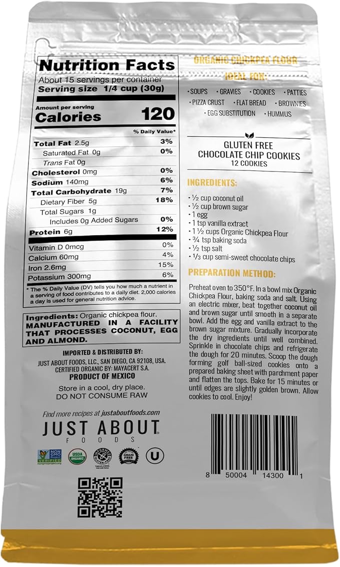 Organic Chickpea Flour 1lb (454 g) USDA Organic Gluten Free Grain free Non GMO Kosher Pack of 1 | Just About Foods
