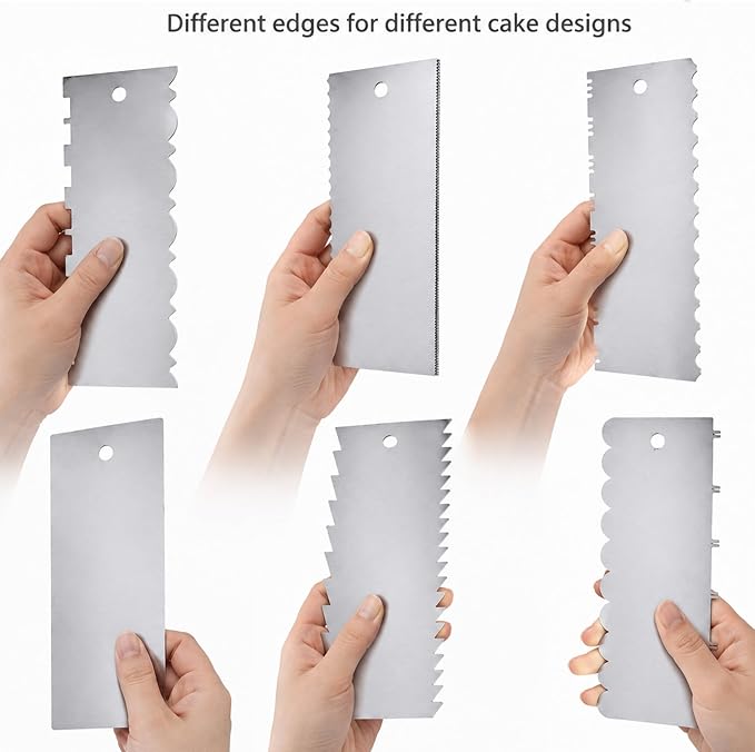Stainless Steel Cake Scraper Set 6 Piece Multifunctional Set | 6 Patterns Cake Decorating Tools for Smoothing Frosting Edging | Professional Buttercream Scraper Icing Comb for Home Baker