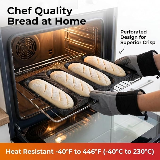 Dioycli Silicone Bread Loaf Pan for Baking Large Baguette Bread Pan Perforated Hot Dog Bun Pan 4 Loaf Non Stick Baking Liner Mat