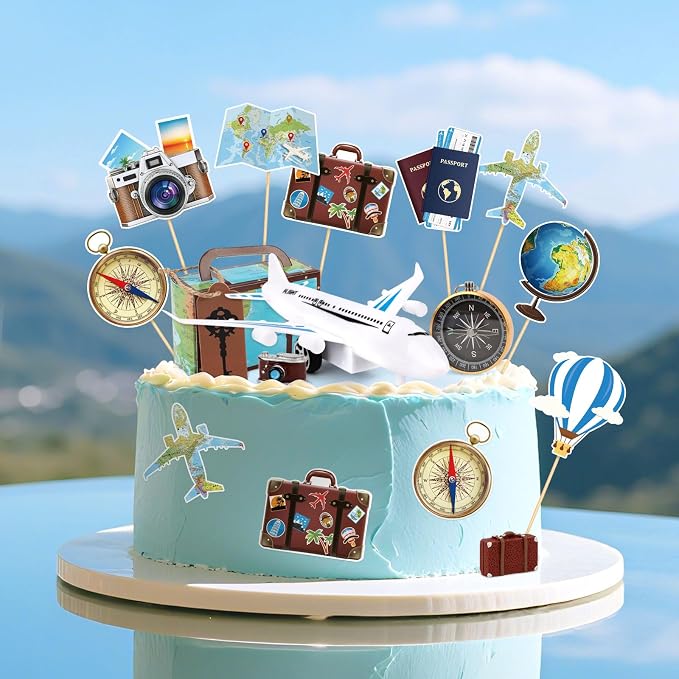Hooqict 34 Pcs Travel Birthday Cake Topper with Mini Suitcase, Globe, Map, Airplane Cake Decorations for Travel Themed Party Decorations Let The Adventure Begin Around the World Party Supplies