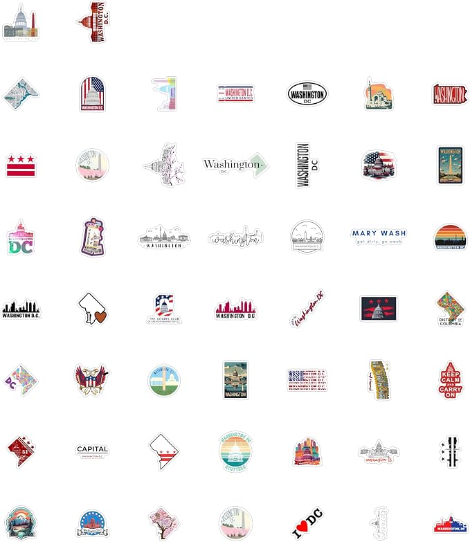 BulbaCraft 100Pcs Washington DC Stickers for Water Bottle and Laptop - Washington DC Party Supplies & Decorations, Waterproof Vinyl Decals, State Pride and Icon Stickers, Gifts for Women & Men