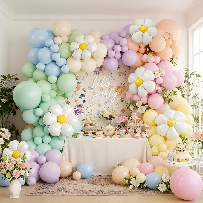 Pastel Daisy Flower Balloon Arch Kit, Pastel Macaron Balloons for Boho Mothers Day Spring Daisy Floral Theme Two Groovy Party Decorations