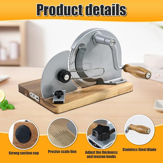 Manual Bread Slicer,Multi-Functional Foldable Hand-Cranked Bread Slicer with Steel Guard Plate and Non-Slip Base Pad Features Adjustable Thickness with Scale Lines for Even slicing Homemade(Gray)