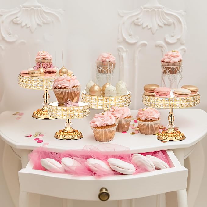 12 Pieces Gold Cake Stand Set, Vintage Cake Display Stand with Crystal Edge and Cupcake Display Tray, Dessert Table Display Set for Wedding Party Baby Shower Anniversary Celebration
