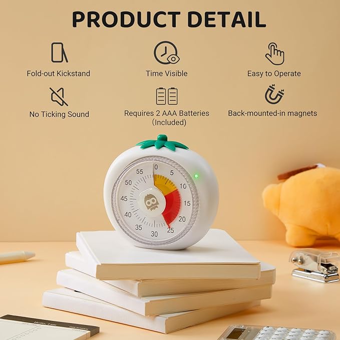 Magnetic Visual Timer, 60-Minute Countdown for Kitchen Classroom Homework | 4-Color Zone Dial with Cute Design, Kids Timer with Pomodoro Mode Time Management Tool for ADHD, Cooking & Baking