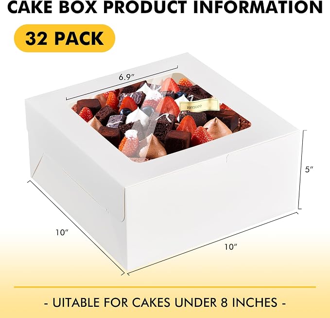 RACETOP 32pcs Cake Boxes with Window, 10x10x5 Inches White Bakery Boxes, Cookie Dessert Boxes, Pastry Box, Square Cardboard Cake Box for Cake, Birthday Party, Donuts, Wedding