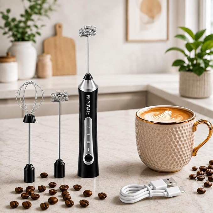 Rechargeable Milk Frother Handheld, Electric Coffee Frother with 2 Whisk, 3-Speed Powerful Drink Mixer, USB-C, Milk Foamer for Coffee,Latte,Cappuccino,Matcha & HotChocolate(Black no Stand)