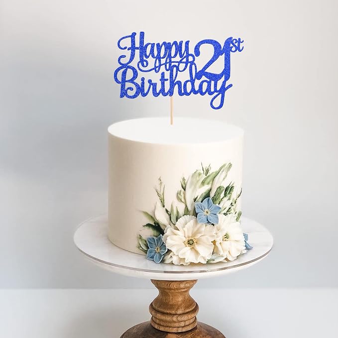 1 PCS Happy 21st Birthday Cake Topper Glitter Cheers to 21 Years Cake Pick 21 Fabulous Cake Decoration for 21st Birthday Theme Party Decorations Supplies Blue