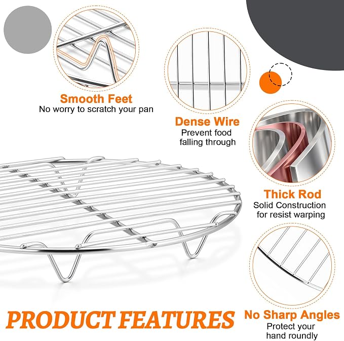 P&P CHEF 9 Inch Cooking Rack Round, Stainless Steel Round Rack for Cooking Cooling Steaming Baking, Fit Air Fryer Pot Pressure Cooker, 2 Pack -Oven Safe, Silver