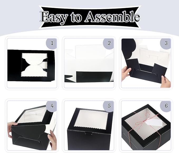 20Pcs 10 Inch Cake Boxes with Window, 10x10x5 Inches Black Bakery Boxes, Cake Carrier Container for Pastries, Pie, Cookies, Chocolates, Cupcakes, Birthday Party, Wedding
