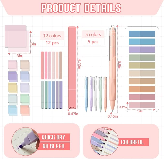 Jutom 39 Pcs Aesthetic Book Annotation Kit Highlighter with Case Bag Gel Pen Transparent Sticky Note Taking Book Supplies (Beige, Floral Style)