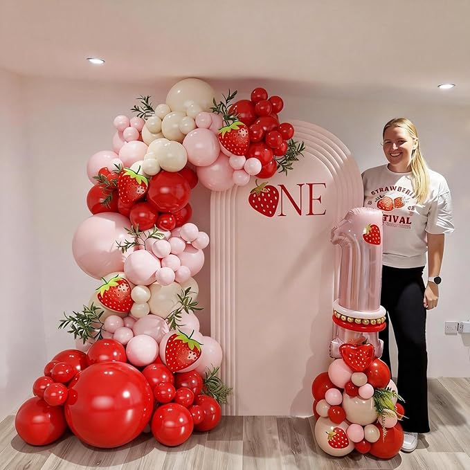 Strawberry Balloons Arch Garland Kit, 124Pcs Red and Pink Balloons with Strawberry Card for Sweet One Berry First Birthday Baby Shower Decorations