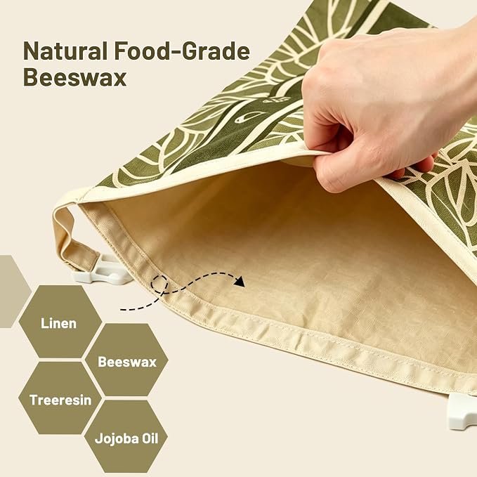 2Pk Reusable Bees Wax Bread Bag - 100% Organic Beeswax Lining & Linen Cotton Outer - XL Foldable Bread Bags for Homemade Bread sourdough, Extra Cleaning Sponge (Antique Foliage & Stripe)