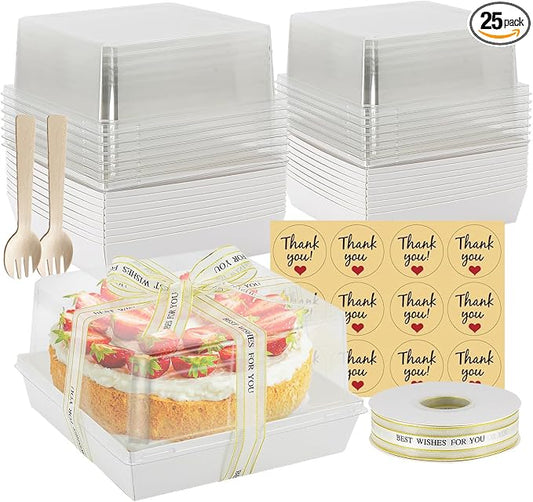 7 x 7 x 4 Inches Paper Charcuterie Boxes with Clear Lids, 25 Pack Large Clear Cake Boxes for 4-6 Inch Cake, Disposable Bakery Boxes Food Containers for Cupcakes,Pie,Cookies, Cocoa Bomb White