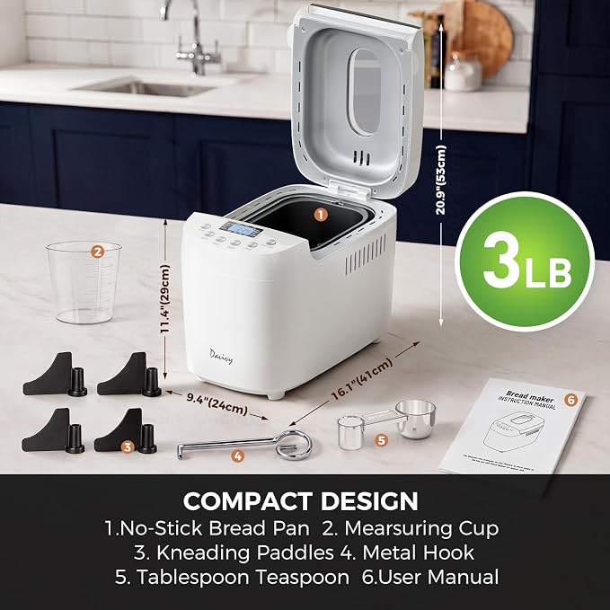 Davivy 3LB Bread Maker, 15 Preset Programs with 4 Quick Mode, 15H Delay Timer & Keep Warm, 3 Loaf Sizes & 3 Crust Shades, Gluten-free, Homemade Bread, Dough, Cake, Yogurt & Jam