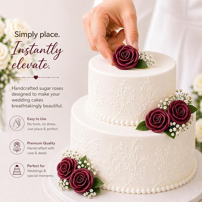 Confect Edible Deep Burgundy Rose Toppers – Edible Roses for Cake & Cupcake Decorations, Perfect for Weddings & Special Occasions- Vegan, Gluten-Free, Dairy-Free, Palm Oil-Free - Pack of 12