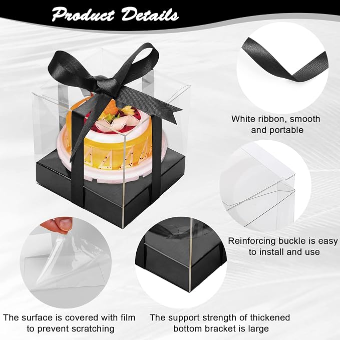 12 Pack Clear Plastic Cupcake Boxes, 3.5 Inch Gold Single Cupcake Containers Disposable Individual Cup Cake Carrier Holder Boxes with Inserts and Ribbon (Black)